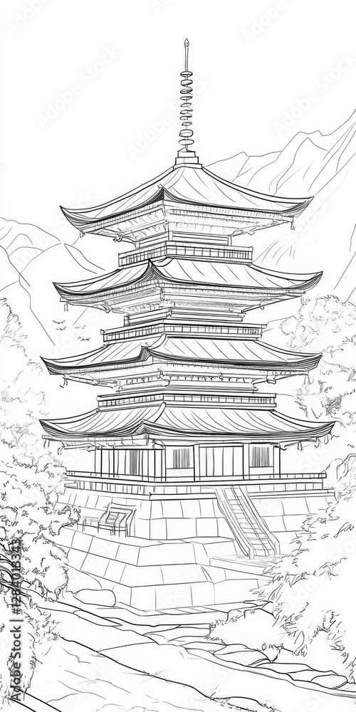 Naklejka premium Five Story Pagoda Building With Steps And Mountain View Artistic Black And White Line Drawing