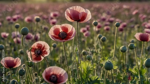Flowering opium poppy Papaver somniferum on a field in spring. Opium poppy, Papaver somniferum is a species of plant. Opium and poppy seeds come from poppies.