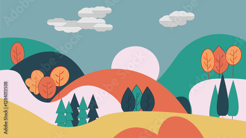 Vector illustration of autumn hills with trees, bright sky, and sun, drawn in vivid colors and a cheerful, flat style.