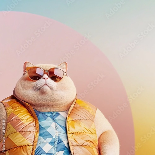 Creamy cat wearing sunglasses and a yellow vest against a pastel pink and orange background. The cat has a serious expression