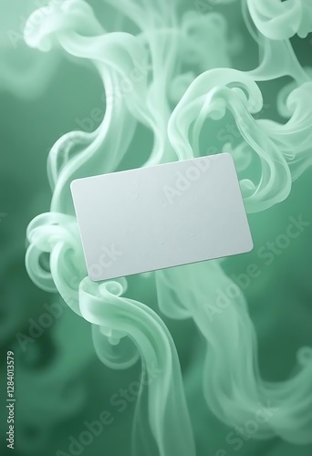 A blank white business card floating amidst swirling green smoke on a green background, creating an ethereal and dynamic setting, ideal for showcasing designs