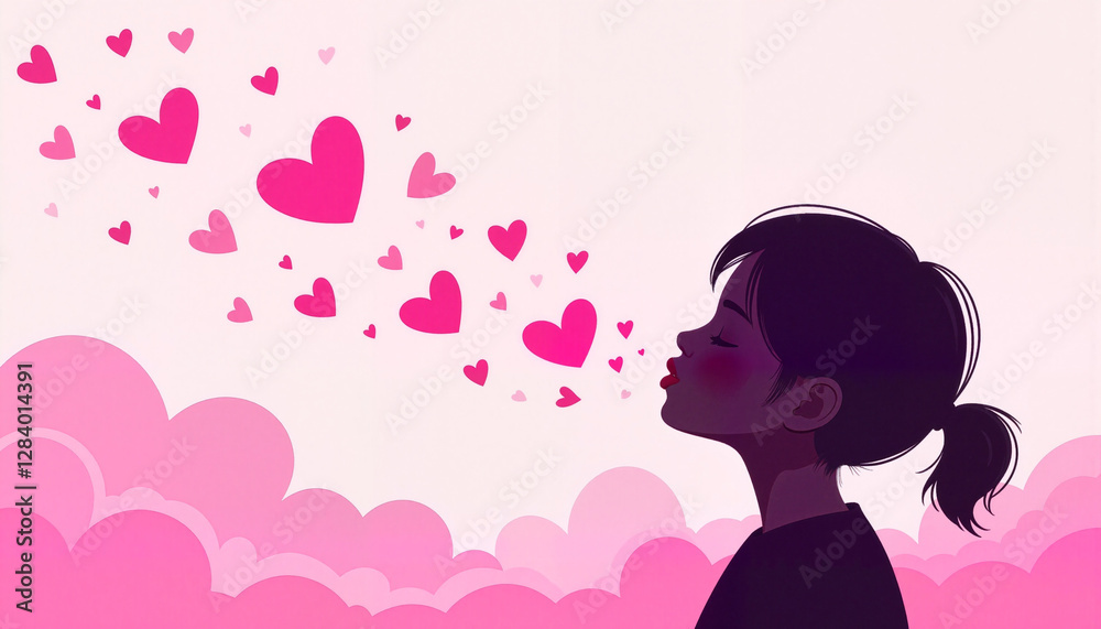 Silhouette of a girl blowing kisses surrounded by pink hearts, love Silhouette of a girl blowing kisses surrounded by pink hearts, love