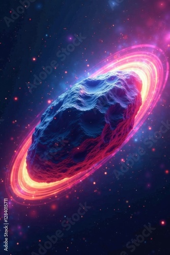 Iridescent asteroid with swirling rainbow halogen trails, cosmic, colors, rainbow