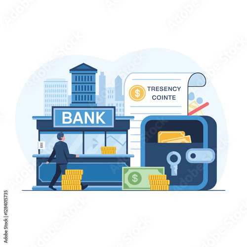 vector colorful economy trading graph cash money linked with curved dash line over the world bank 

