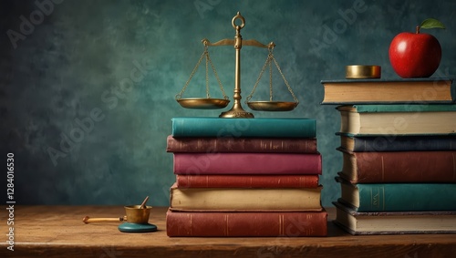 A stack of colorful books with a balanced scale on top, symbolizing law