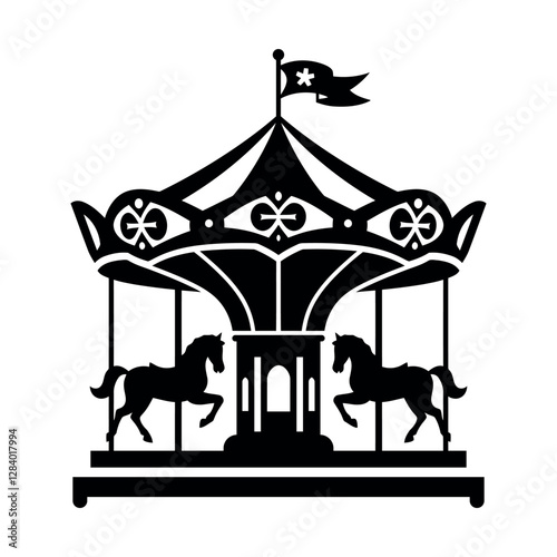 Carousel in minimalist style, amusement park, , vector illustration for stencil, black silhouette on transparent background.