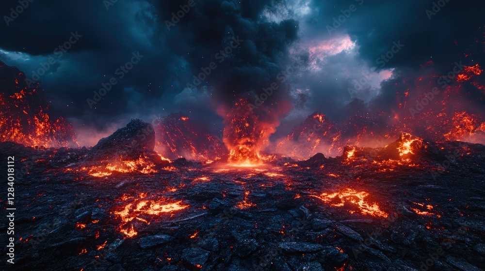 Burning landscape showing volcanic eruptions and dark ominous storm clouds Burning landscape showing volcanic eruptions and dark ominous storm clouds