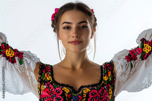 Portrait of a Bulgarian dancer in traditional folk attire showcasing graceful movements