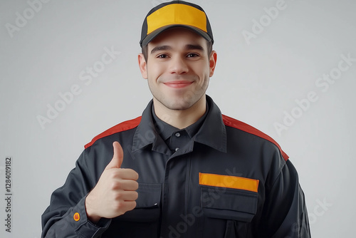 Portrait of a janitor in uniform giving thumbs-up in a bright setting photo