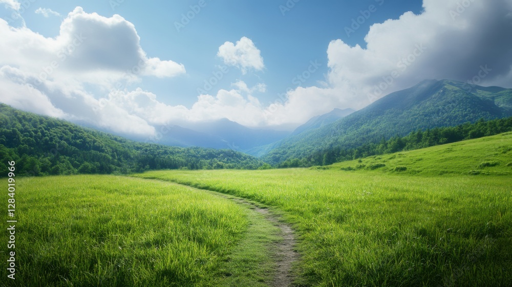 Serene Path Through Lush Green Valley Under Cloudy Blue Sky Serene Path Through Lush Green Valley Under Cloudy Blue Sky