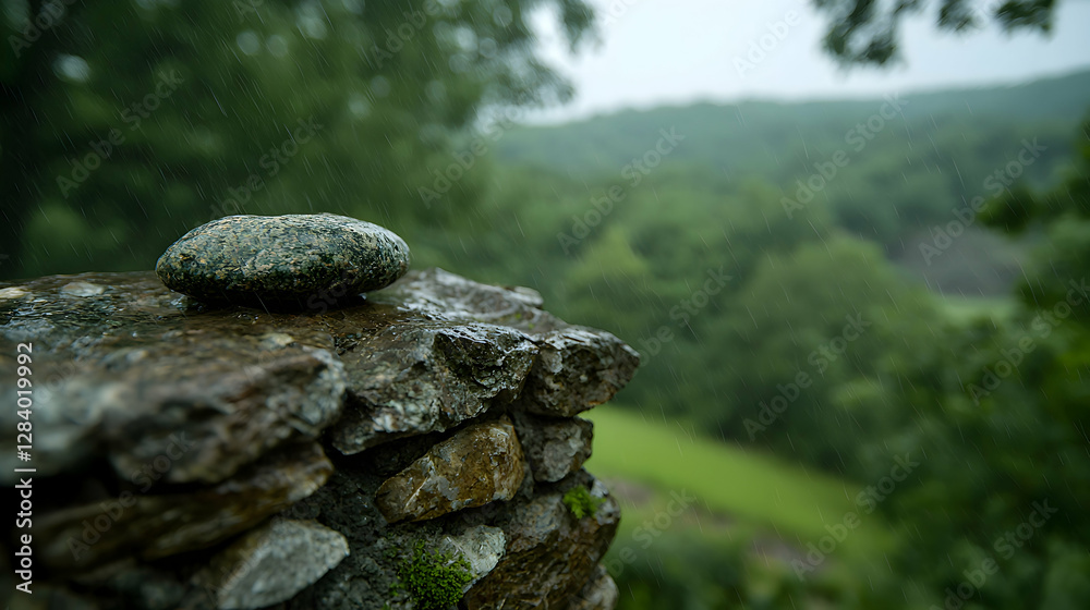 Rainy day, stone wall, scenic view, nature serenity, meditation Rainy day, stone wall, scenic view, nature serenity, meditation