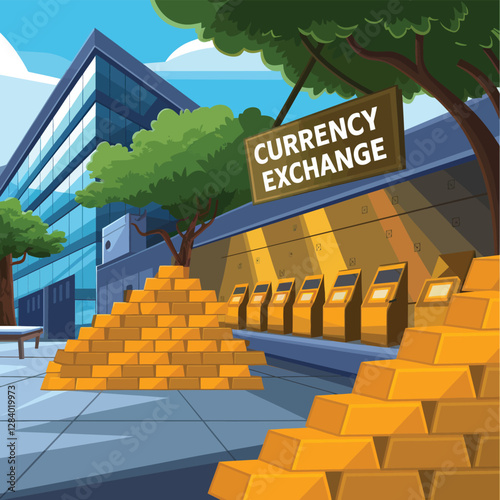 vector colorful economy trading graph cash money linked with curved dash line over the world bank 
