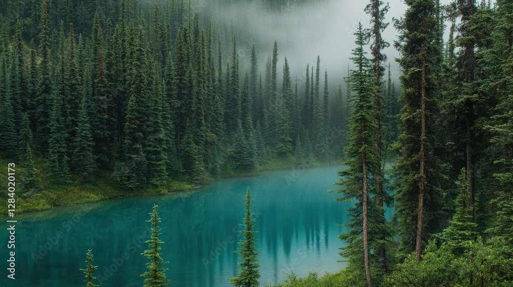 Serene lake surrounded by dense evergreen forest shrouded in mist during early morning hours