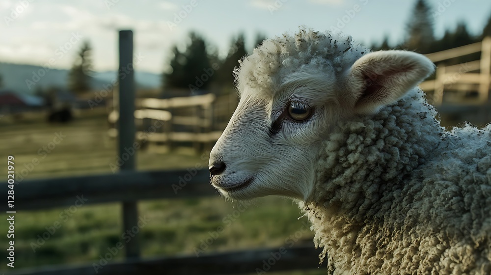 Close-up profile of a fluffy sheep with soft, woolly texture standing in a serene countryside setting during golden hour, capturing the peaceful nature of farm life Close-up profile of a fluffy sheep with soft, woolly texture standing in a serene countryside setting during golden hour, capturing the peaceful nature of farm life