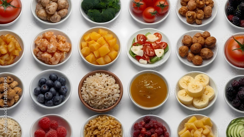 Many different healthy food on white table, flat lay Many different healthy food on white table, flat lay