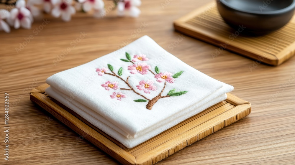 Fototapeta premium Cherry Blossom Japan Homemade Decor Concept, Minimalistic Sakura Inspired Decor Setup with Hand Embroidered Cherry Blossom on Wooden Table
