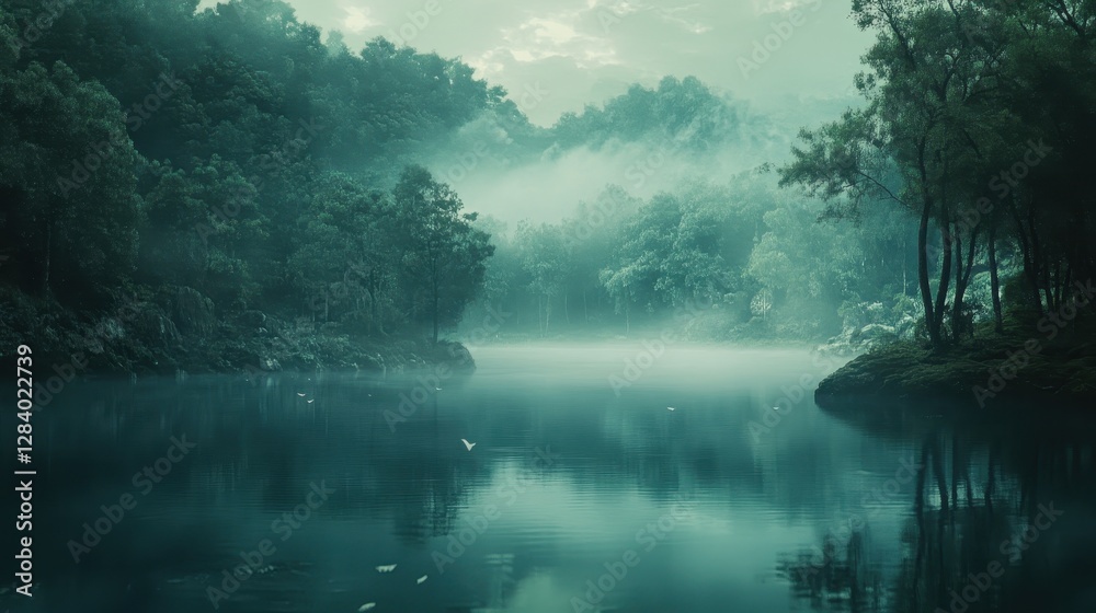 Serene lake view with a person meditating on the shore surrounded by lush forest in early morning mist Serene lake view with a person meditating on the shore surrounded by lush forest in early morning mist
