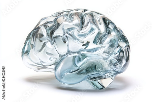 Transparent glass brain sculpture isolated on white background.