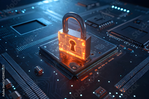 Glowing Digital Padlock on Cyber Circuit Board – Data Security