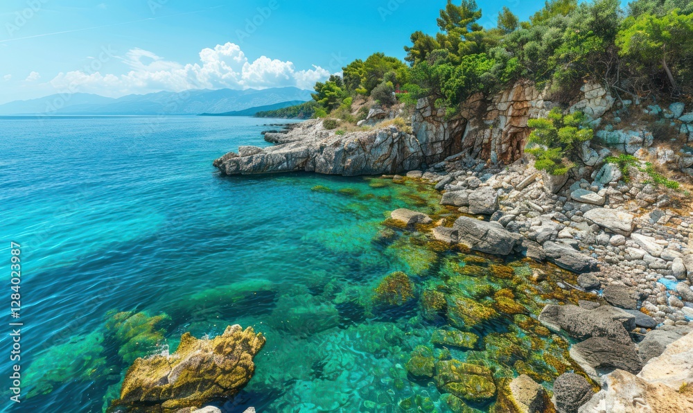 Beaches with big blocks of stones, rocks, green cedars and turquoise green clear water of sea and tree. Beaches with big blocks of stones, rocks, green cedars and turquoise green clear water of sea and tree.