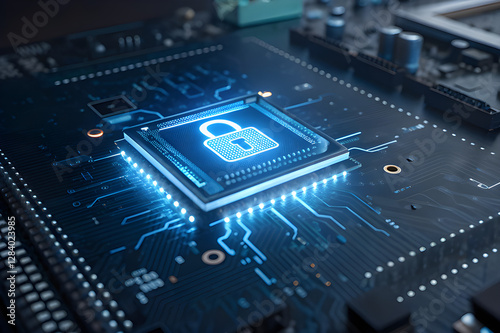 Futuristic Cybersecurity Microchip on Circuit Board with Neon Lights