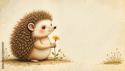 Cartoon hedgehog greeting card with a flower in hands, cute and cheerful illustration