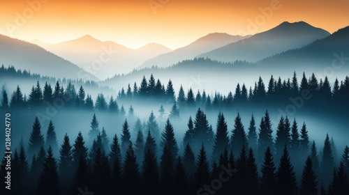 Misty sunrise over mountains ethereal landscape nature view