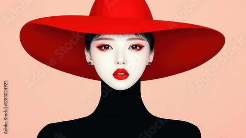Stunning Portrait of a Woman in a Bold Red Hat with Striking Makeup