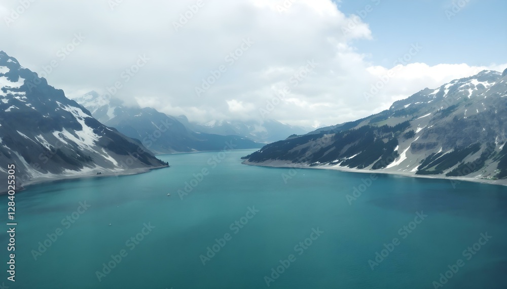 The Calm, Turquoise Lake Between Snow-Capped Mountains