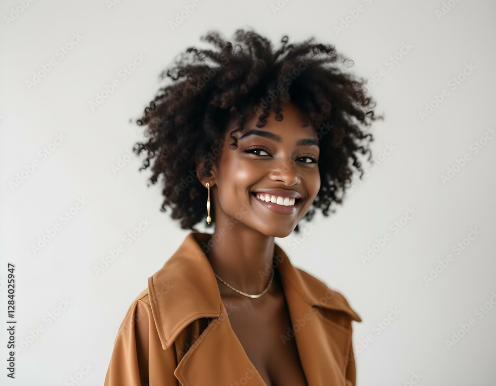 A radiant young woman with curly hair, wearing a stylish coat and gold