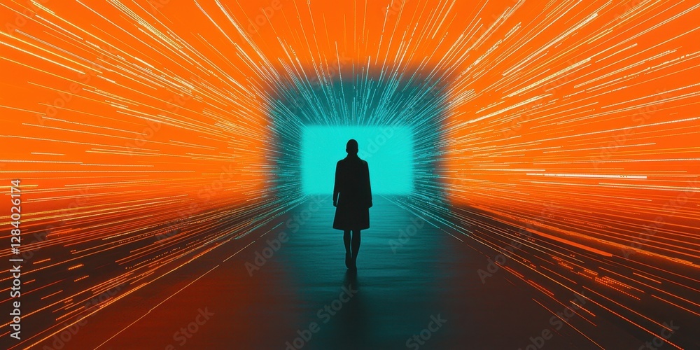 Person Silhouette in Vibrant Tunnel with Dynamic Light Rays Person Silhouette in Vibrant Tunnel with Dynamic Light Rays