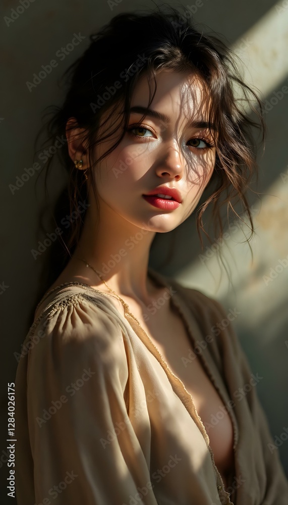 Sunlit Beauty: A Detailed Portrait of a Woman in a Beige Blouse