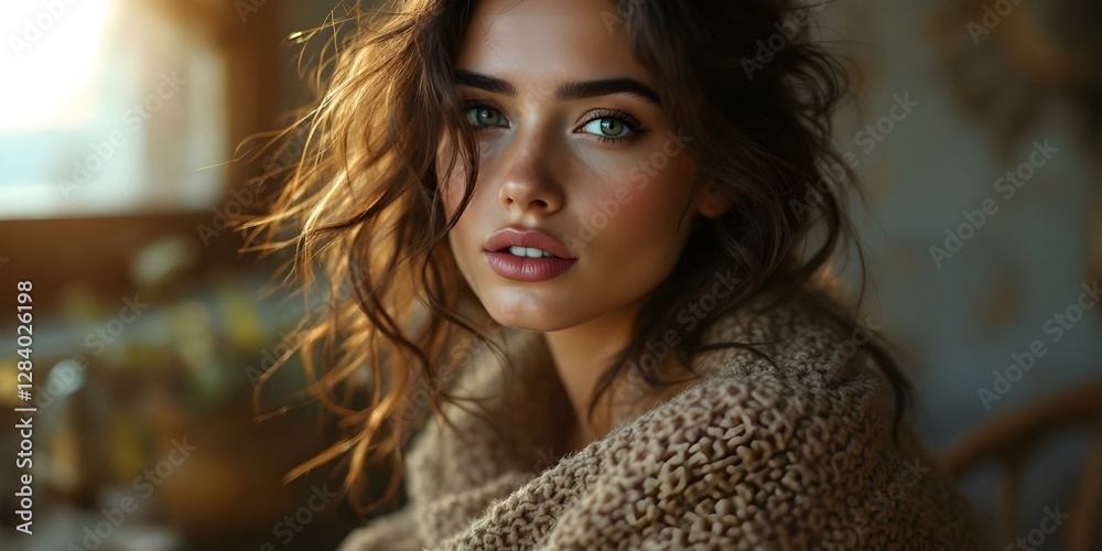 Chic Winter Cozy: A Beautiful Woman in a Cozy Room with a Window