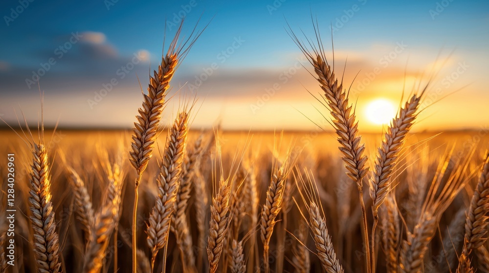 Fototapeta premium Misty sunrise over mountains wheat fields countryside vibrant