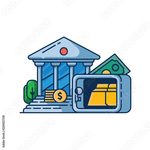 vector colorful economy trading graph cash money linked with curved dash line over the world bank 
