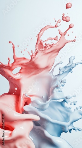 Vibrant splashes of pink and blue paint burst against a light backdrop creating a dynamic texture. This energetic scene showcases a blend of colors perfect for artistic projects or backgrounds