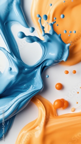 Vivid splashes of blue and orange paint merge and contrast on a smooth surface creating a dynamic and colorful backdrop ideal for artistic projects or graphic designs