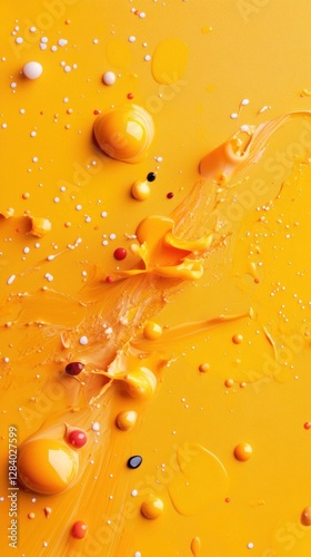 Bright yellow texture features splashes and droplets in various colors creating a lively and dynamic backdrop. Perfect for artistic projects needing vivid color and energy
