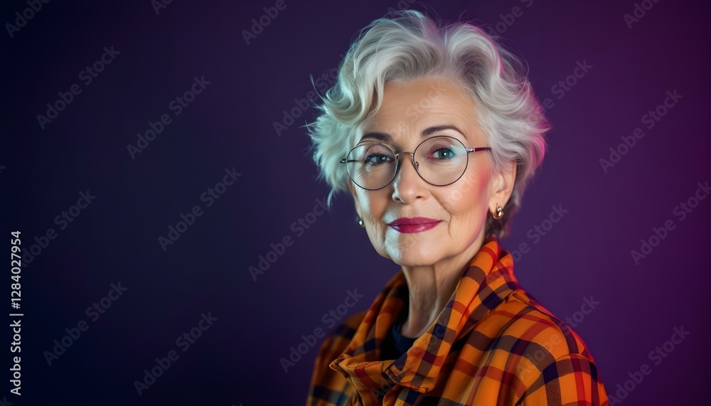 Charming Senior Woman in Plaid Shirt with Glasses