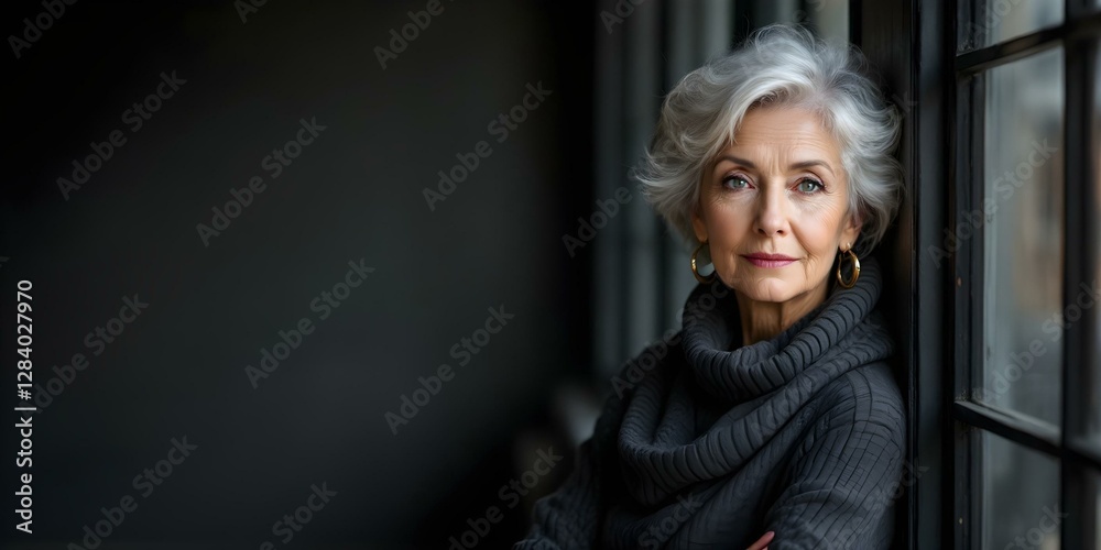Gray Haired Woman in a Gray Sweater Leaning Against a Window
