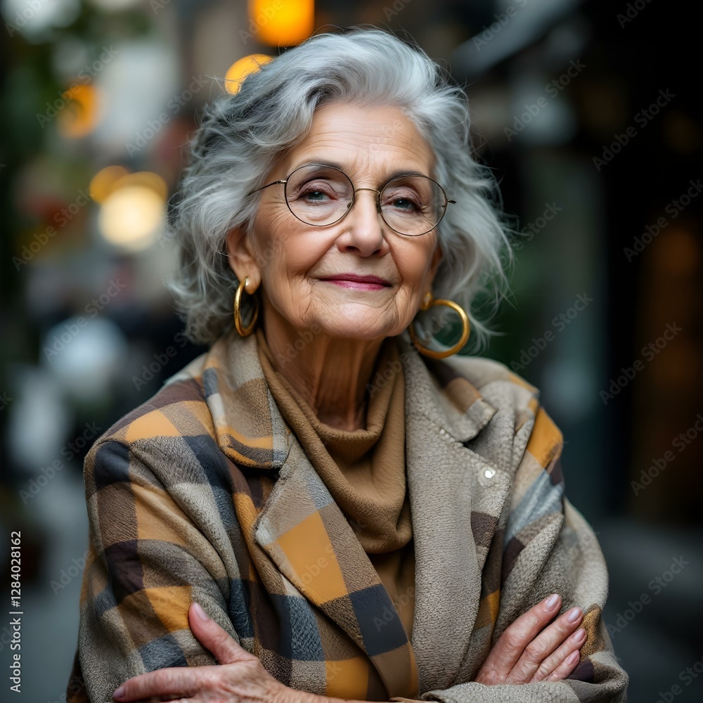 Aged Woman in Plaid Coat and Scarf
