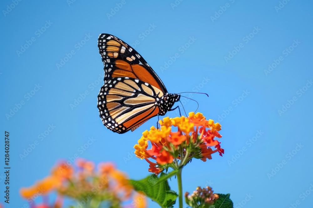 Spring summer monarch butterfly on orange lantana flower against blue sky on bright sunny day in nature, macro morning. Spring summer monarch butterfly on orange lantana flower against blue sky on bright sunny day in nature, macro morning.