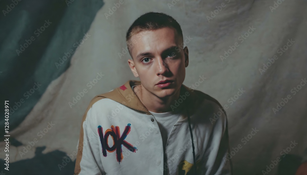 Portrait of a Young Man in a White Jacket with '10K' Painted on It