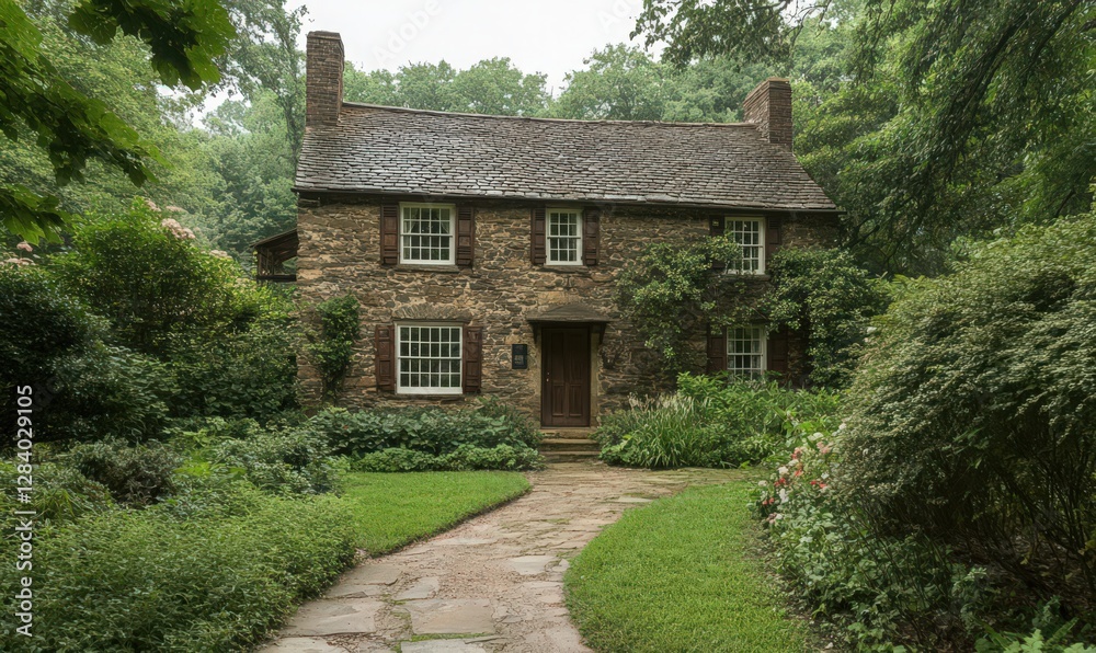 Stone House nestled in Lush Greenery on an Overcast Day Stone House nestled in Lush Greenery on an Overcast Day