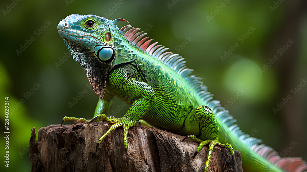 Green iguana perched on a tree stump, with a vibrant green and blue coloration
Green iguana perched on a tree stump, with a vibrant green and blue coloration