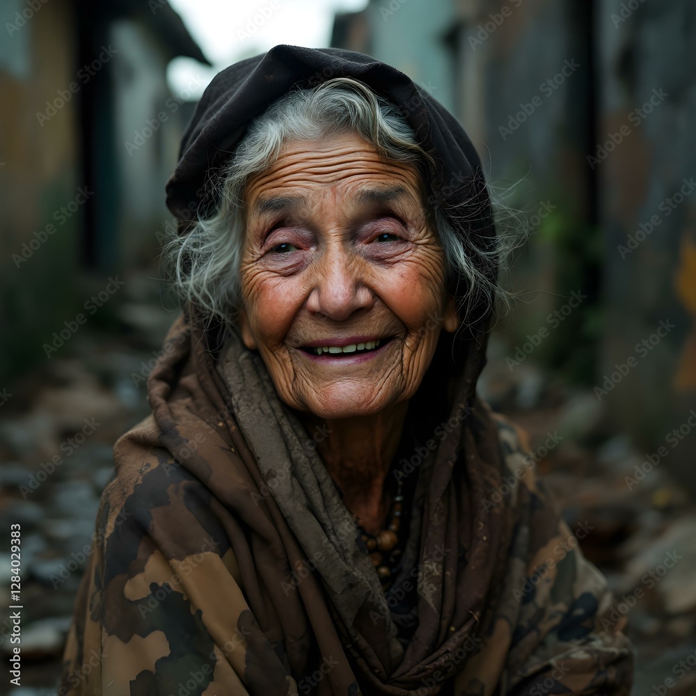 Aged Woman in a Headscarf and Patterned Shawl in an Alleyway