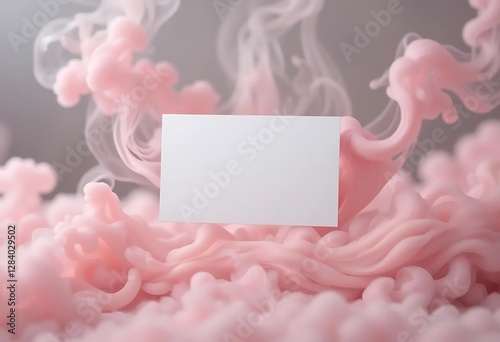 White business card mockup amidst pink cotton candy textures, creating a playful and eye-catching background, ideal for branding or contact information.