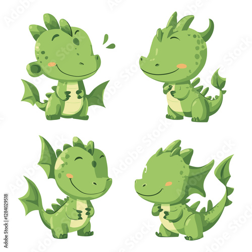 Cute Green Dragon Set – Playful Fantasy Creature Illustration
