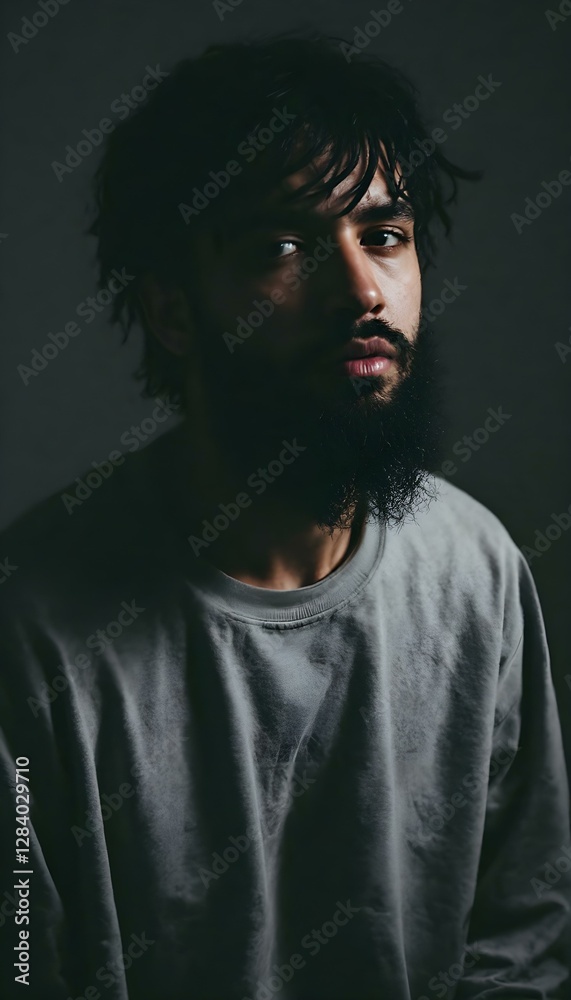 Serious Young Man with Beard in Dark Background