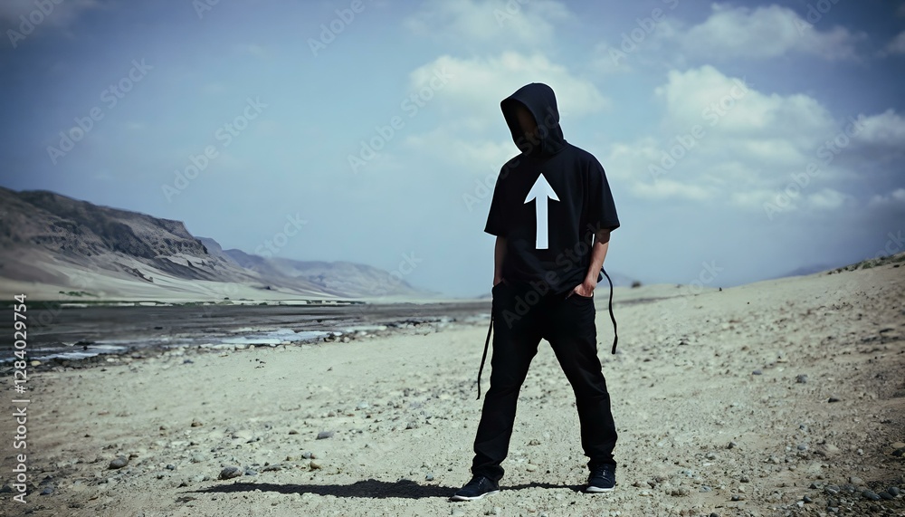 A Man in a Black Hoodie with a White Arrow on the Back